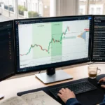 A standard trading desk I often observe, showing three screens with an economic calendar and a XAU/USD chart.