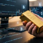 My hand holding a physical gold bar in front of a screen showing blockchain code and crypto logos.