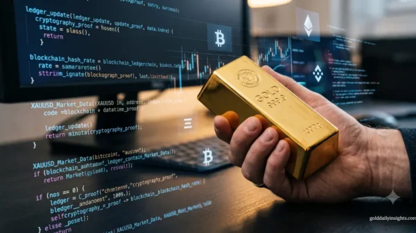 My hand holding a physical gold bar in front of a screen showing blockchain code and crypto logos.