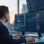 Rear view of a trader at my four-monitor desk, analysing chaotic gold charts after a flash crash.