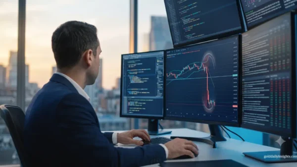 Rear view of a trader at my four-monitor desk, analysing chaotic gold charts after a flash crash.