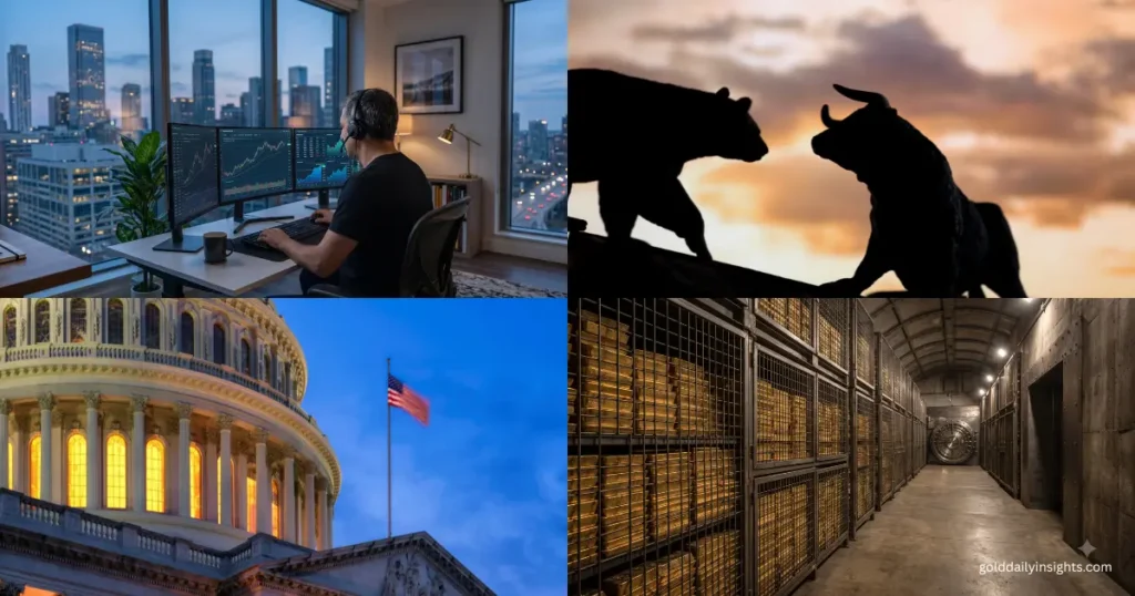 My collage showing a trader, bull and bear silhouettes, the US Capitol, and a gold vault for my daily XAU/USD analysis.