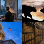 My collage showing a trader, bull and bear silhouettes, the US Capitol, and a gold vault for my daily XAU/USD analysis.