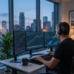 A trader analysing charts on three monitors, illustrating the focused professional desktop environment I recommend for gold.