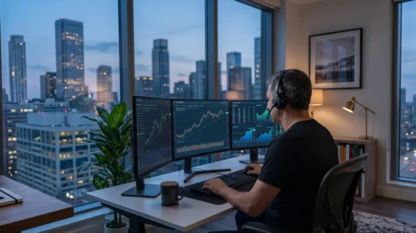 A trader analysing charts on three monitors, illustrating the focused professional desktop environment I recommend for gold.